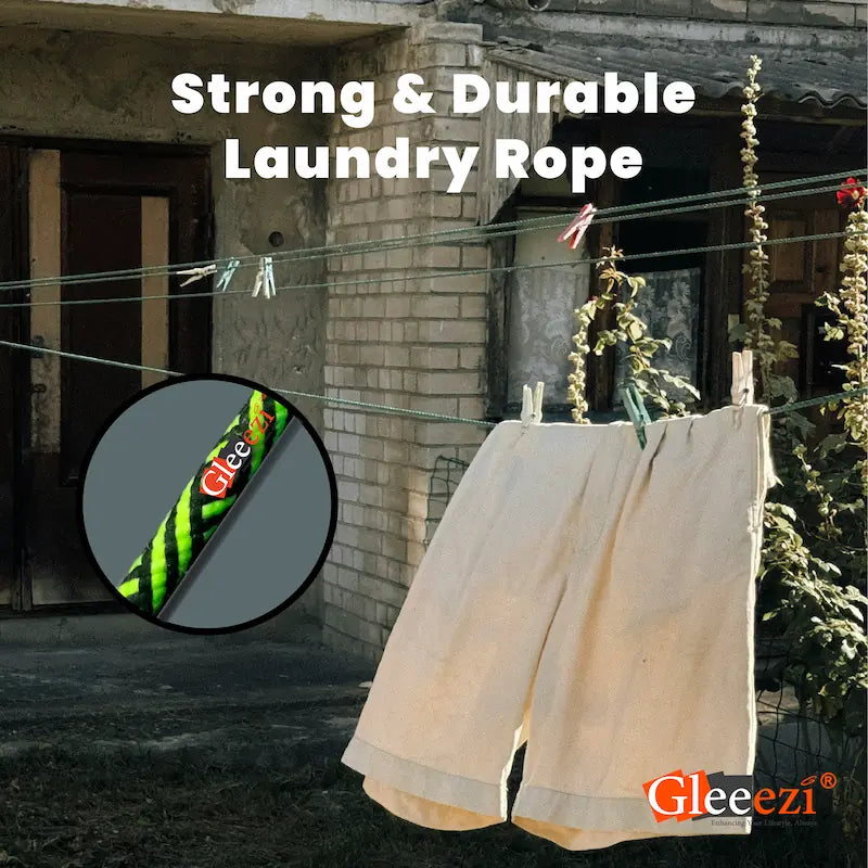 Beige towel hanging on a clothesline with Gleezi branding, featuring text 'Strong & Durable Laundry Rope'.