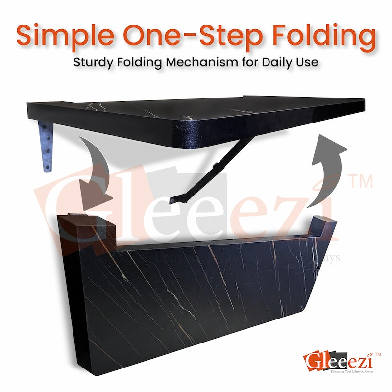 Folding mechanism with text 'Simple One-Step Folding' and 'Sturdy Folding Mechanism for Daily Use' on a white background.