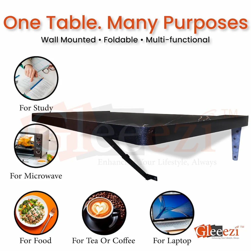 Multifunctional table with images of its uses for study, microwave, food, tea/coffee, and laptop.