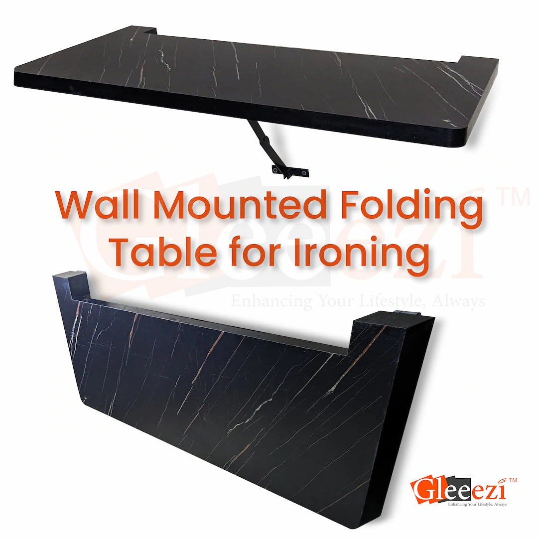 Wall-mounted folding table for ironing with marble-like finish, featuring the Gleeezi brand.