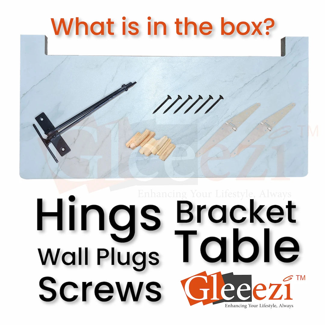 Foldbale ironing table packaging with hings, bracket, wall plugs, screws, and table on a white background.
