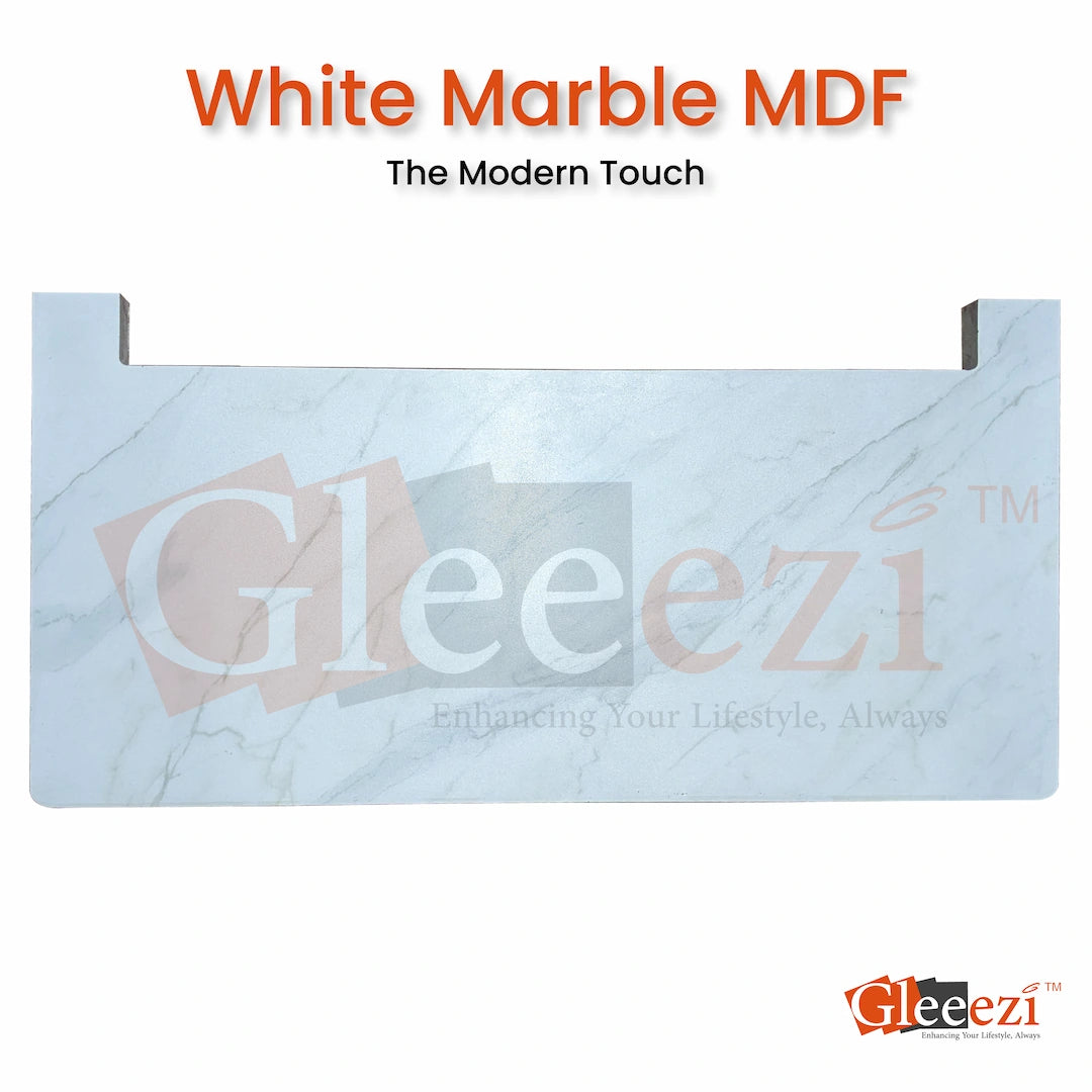 Gleeezi White Marble MDF wallmounted ironing table with branding on a white background