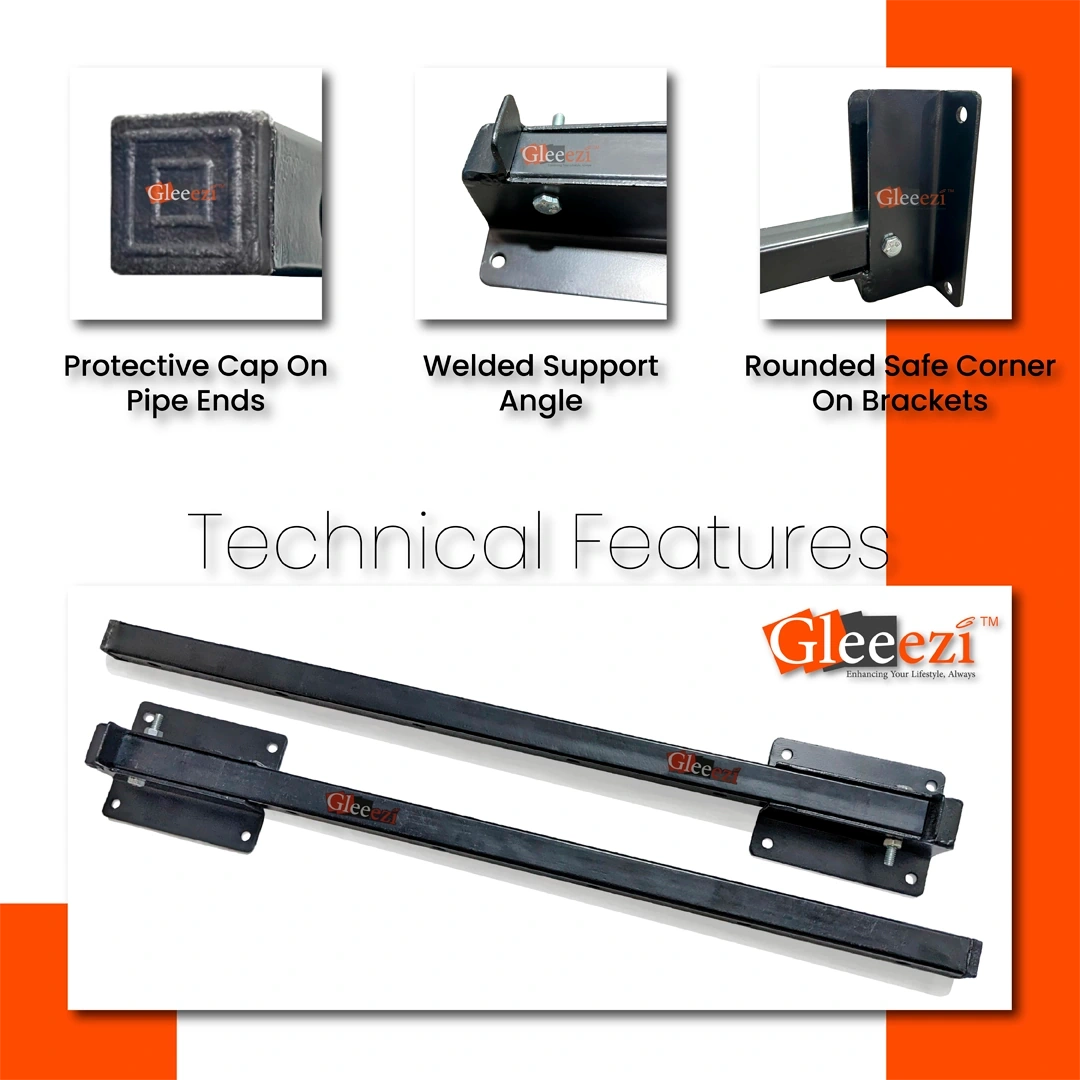 Gleeezi Stands features including protective cap on pipe ends, welded support angle, and rounded safe corner on brackets.