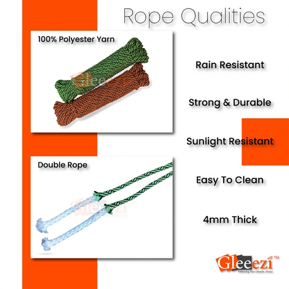 Gleeezi rope qualities with text on an orange and white background