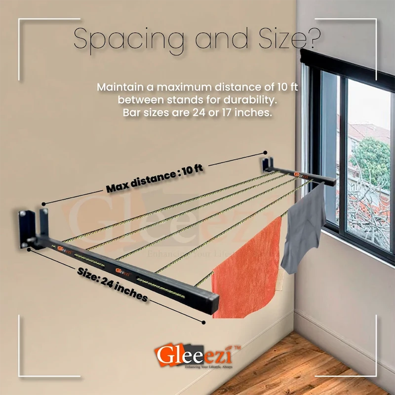 Gleeezi cloth hanger stand with text on spacing and size, shown indoors next to a window.