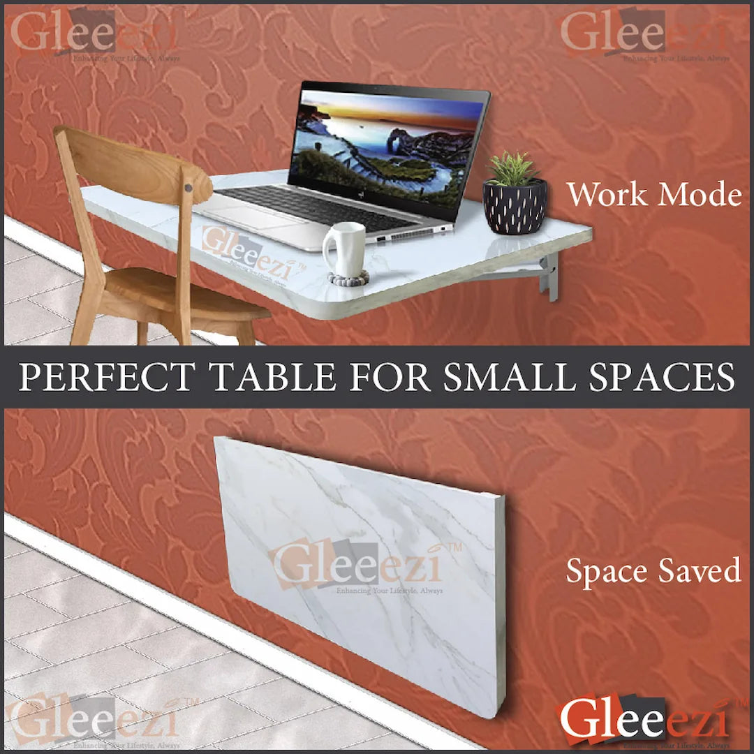 Foldable table with laptop on a red wall background, labeled 'Gleeezi'.