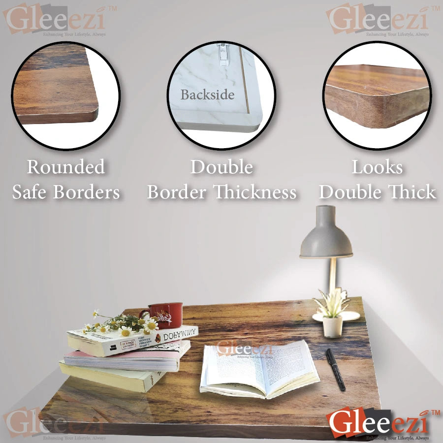 Wooden foldable study table desk with Gleeezi branding, showing different angles and features.