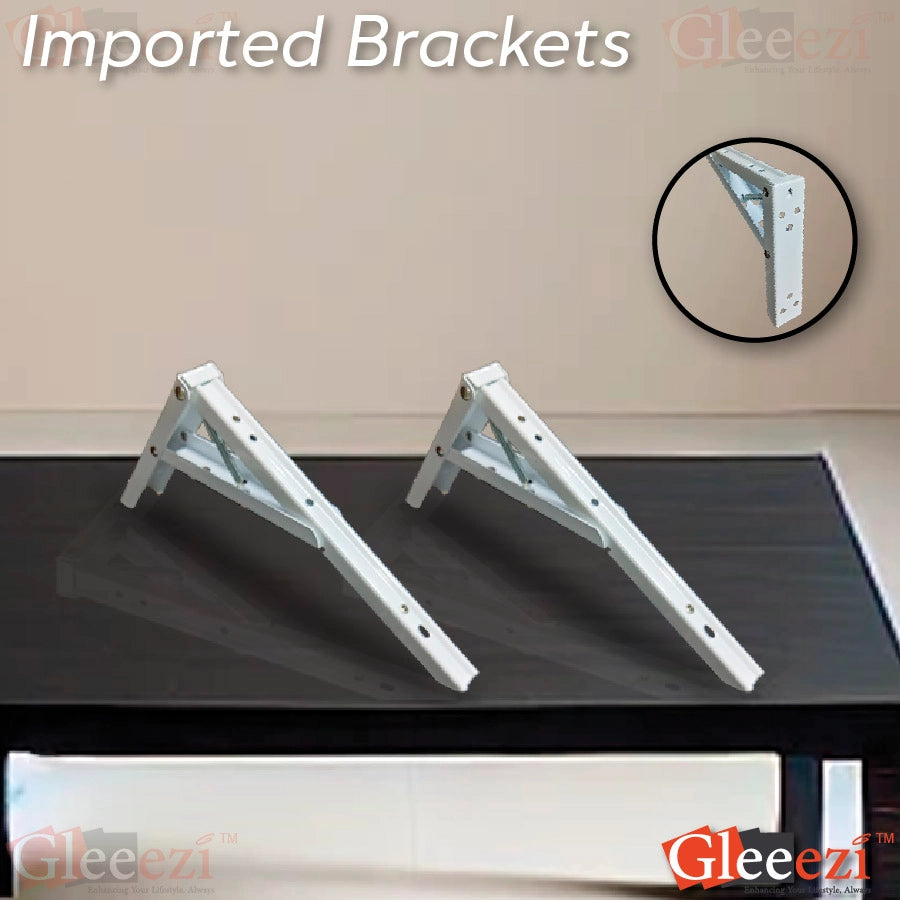 Two white folding brackets on a black surface with a close-up inset and 'Gleeezi' branding.
