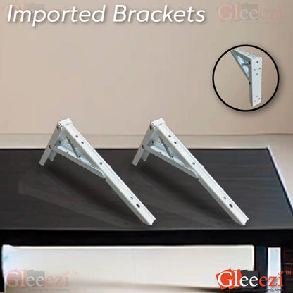 Two white folding brackets on a black surface with a close-up inset and 'Gleeezi' branding.