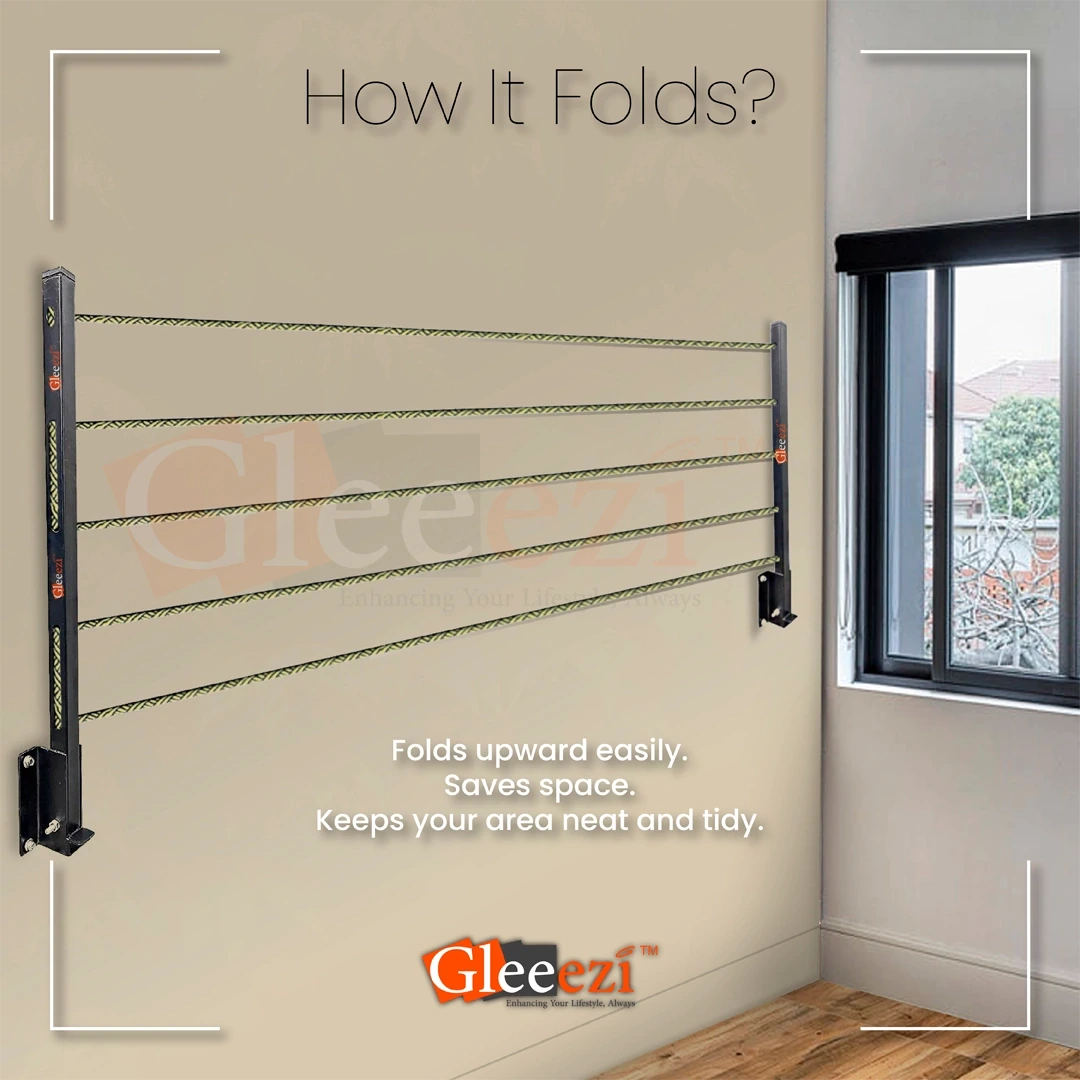 Gleeezi wall-mounted clothes hanger stand with text on folding mechanism and brand logo.
