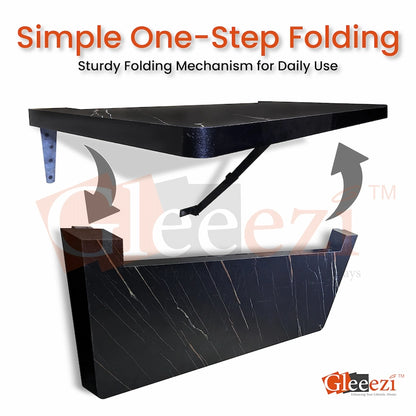 Folding mechanism with text 'Simple One-Step Folding' and 'Sturdy Folding Mechanism for Daily Use' on a white background.