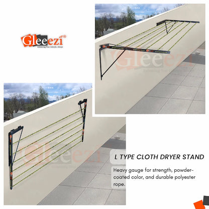 L-Type Cloth Drying Hanger Stand with text indicating foldable and strong features on a white background.