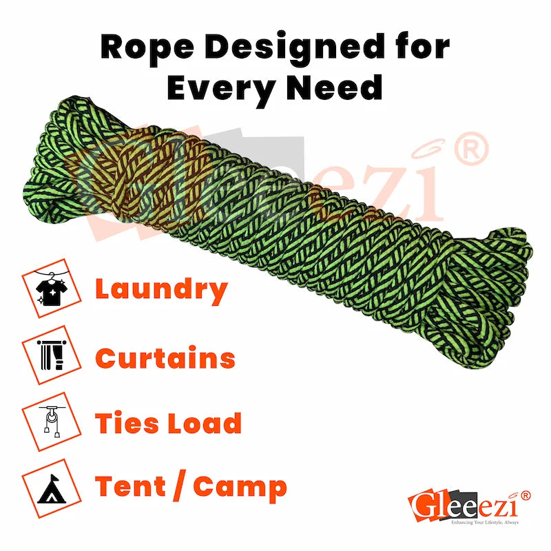 Green rope with text indicating its uses and Gleezi branding