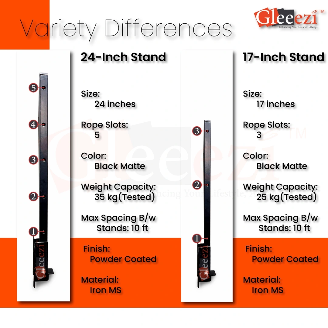 Comparison chart of 24-inch and 17-inch stands with Gleeei branding.