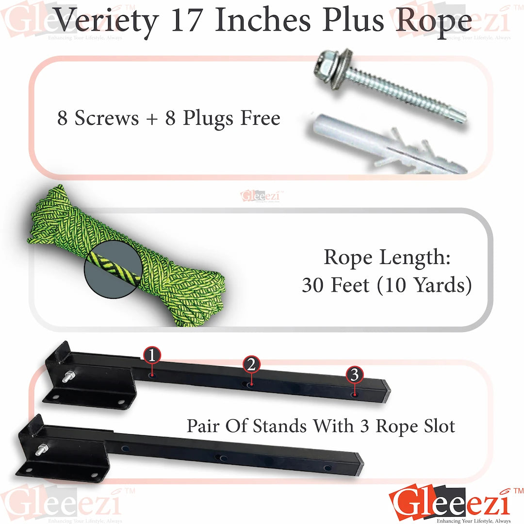 Gleeezi clothes drying stand with rope, screws, and stands on a white background
