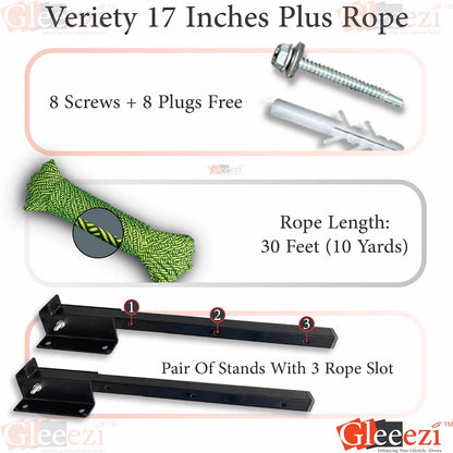 Gleeezi clothes drying stand with rope, screws, and stands on a white background
