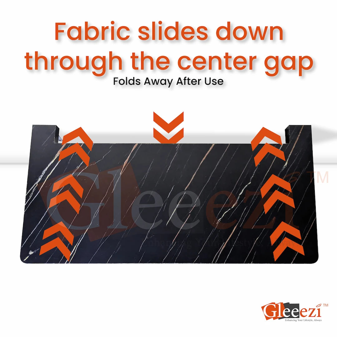 Gleeezi wooden Ironing table with text indicating fabric slides down through the center gap and folds away after use.