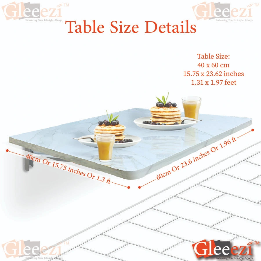 Gleeezi table size details with a measurement chart and food items on a white background