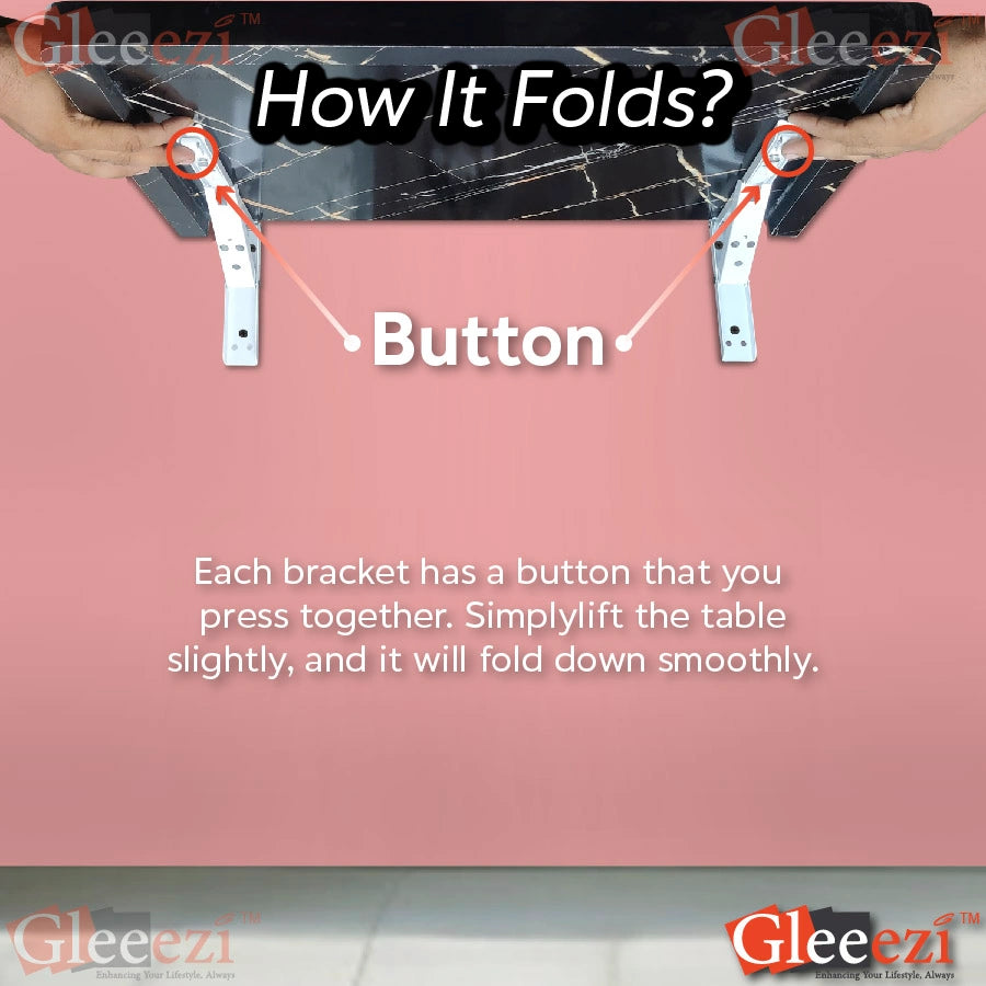Instructions on how to fold a table using brackets with buttons, branded as Gleeezi.
